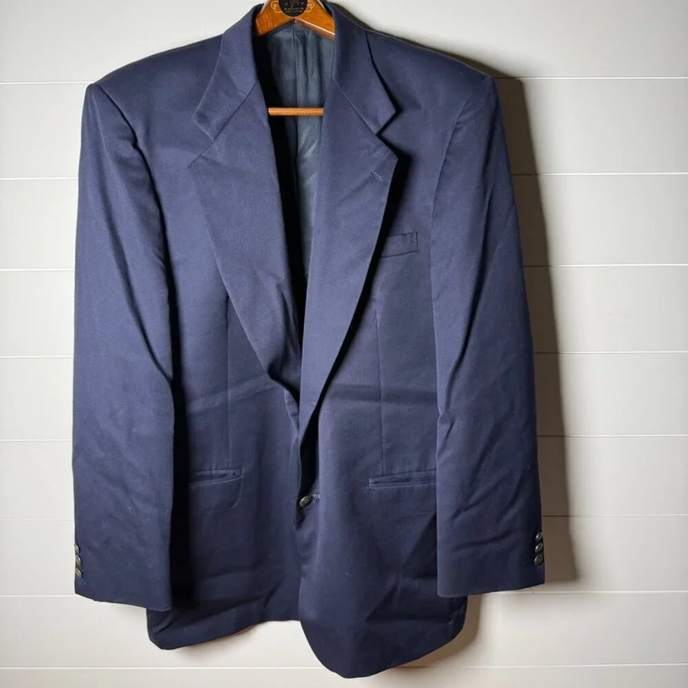 Oscar De La Renta Men's 48L Navy 100% Wool Blazer Button Front